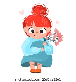 Cute child girl with a bouquet of pink flowers, in a blue dress, surrounded by heart-shaped decorations. Mother's Day concept.Vector illustration for greeting cards, children's designs, posters