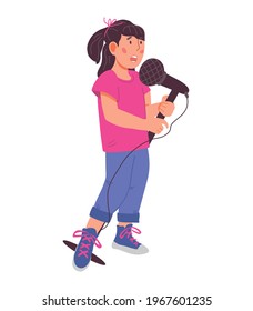 Cute child girl cartoon character singing with microphone. Children music and vocal education concept, flat vector illustration isolated on white background.