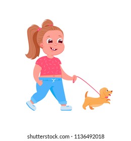 Cute child girl character walks dog. Vector cartoon illustration