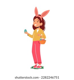 Cute Child Girl Character Wearing Bunny Ears Holds Easter Eggs In Hands With Playful Expression On Face. Joy Of Easter Festivities Concept For Easter Greeting Card. Cartoon People Vector Illustration