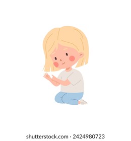 Cute child girl counting with fingers flat style, vector illustration isolated on white background. Decorative design element, smiling kid character, education