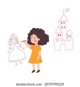 Cute Child Girl Drawing Castle With Princess On The Wall, Cartoon Vector Illustration Isolated On White Background. Kid Painting Doodles And Scribbles.