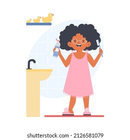 Cute child girl in nightgown standing with toothbrush and paste in front of sink in bathroom, flat cartoon vector illustration isolated on white background.