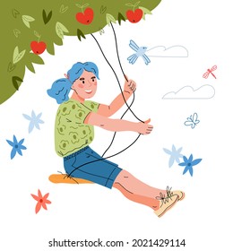 Cute child girl on swing under tree, flat vector illustration isolated on white background. Kids summer outdoor entertainments and happy childhood concept.