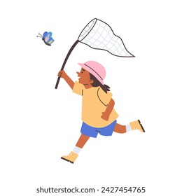 Cute child girl runs with net after butterfly flat style, vector illustration isolated on white background. Decorative design element, summer outdoor leisure, happy character