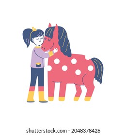 Cute child girl showing her love to pony horse, flat cartoon vector illustration isolated on white background. Funny child character embracing her domestic pet.