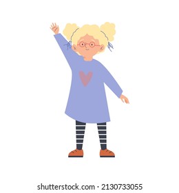 Cute child girl smiling waving hand, cartoon flat vector illustration isolated on white background. Friendly smiling blond girl of kindergarten age saying hello.