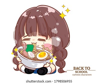 Cute child girl student wearing uniform and eat noodles. Back to school concept. Cartoon illustration Premium Vector