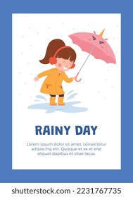 Cute child girl with unicorn umbrella jumping in puddle, rainy day poster template, flat vector illustration. Cartoon character of kid under the rain, wearing rain coat and holding umbrella.