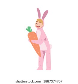 Cute Child Girl Wearing Bunny Costume Holding Big Carrot, Happy Easter Concept Cartoon Style Vector Illustration