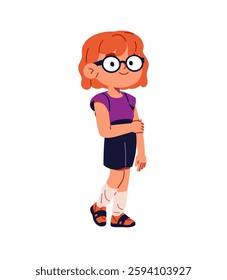 Cute child in glasses with impaired vision. Happy kid in eyeglasses has ill eyes. Shy disabled little girl with redhead has disease of seeing. Flat isolated vector illustration on white background