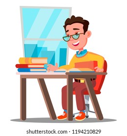 Cute Child In Glasses Sitting At A Desk In A Classroom Vector. School. Isolated Illustration