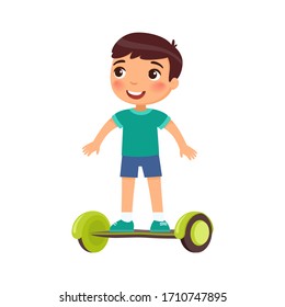 Cute child with gyroscooter flat vector illustration. Little boy using urban scooter cartoon character. Kid with self balancing two wheeled board isolated on white. Sport and recreation