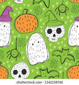 Cute Child Halloween Doodles Seamless Pattern - Hand Drawn Vector Illustration - Skull, Ghost, Pumpkin, Spider, Bat - Green Background with Purple and Orange - Textile, Fabric, Background 