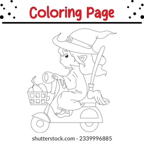 cute child in a Halloween witch costume. Halloween coloring page for children.