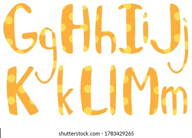 Cute child handwritten dotted font. Latin uppercase and lowercase lettering for print design. G, H, I, J, K, L, M letters for your design, banner, logo, type, card, poster. 