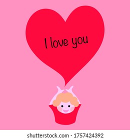 Cute Child with heart and space for text. Postcard, love letter for parents. Vector Illustration. 