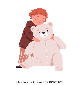 Cute child hugging stuffed toy, teddy. Happy smiling boy embracing plush bear. Joyful kindergarten little kid, nice adorable toddler. Flat vector illustration isolated on white background