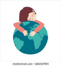 Cute Child hugs a globe. Flat Postcard for the Earth day. Childish vector Illustration with save the planet meaning. Perfect for print, cards, posters, booklet, design