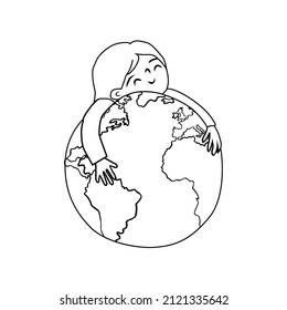 Cute Child hugs a globe. Outline Postcard for the Earth day with motivation phrase for saving planet. Ink drawn vector Childish Illustration with hand written Lettering