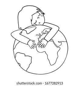 Cute Child hugs a globe. Vector Postcard for the Earth day. Childish Illustration with save the planet meaning. Perfect for print, cards, posters, booklet, design