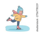 Cute Child Ice Skating Illustration – Little Girl in Winter Clothes Gliding on Ice Vector Art