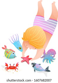 Cute child kid swimming and diving in the ocean with sea creatures. Childhood at the sea with sea animals cute watercolor style kindergarten illustration cartoon.