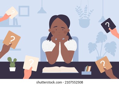 Cute child with learning problem vector illustration. Cartoon confused girl sitting at table with homework, young student in doubt thinking about answer on question. Education troubles concept