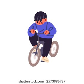 Cute child learning to ride a bike. Happy kid cycling outdoors. Funny boy drives childish bicycle. Little cyclist has fun, training during walk. Flat isolated vector illustration on white background