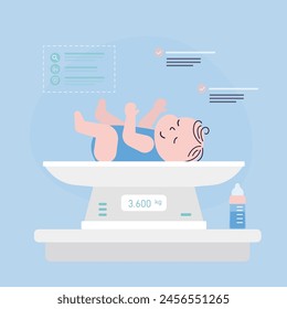 Cute child lies on the scales for weighing babies. Newborn baby being weighed on the scales. Weight scale for infant, digital scales measure weight. Medical exam concept. flat vector illustration