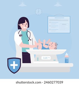 Cute child lies on the scales for weighing babies. Pediatrician weighs newborn baby on scales. Weight scale for infant, digital scales measure weight. Medical exam concept. flat vector illustration