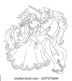 cute child . Little princess. Cute girl wearing a beautiful dress. An elegant girl wears a crown on her head. A princess with a cute horse - coloring page