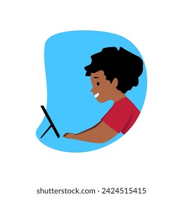 Cute child looking at the smartphone or tablet device. Little boy using gadgets, kid online education or communication, entertainment. Addiction of smart technologies. Cartoon vector illustration