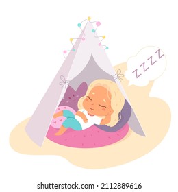 Cute child lying in homemade teepee to sleep vector illustration. Cartoon cute baby falling asleep after playing active games in home tent or hut, girl resting in tipi indoor isolated on white