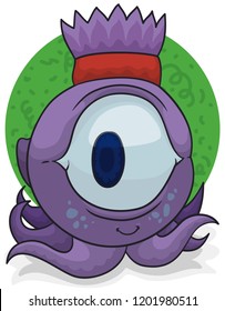 Cute child monster with purple skin, a giant eye and tentacles wearing a bandana in its hair.