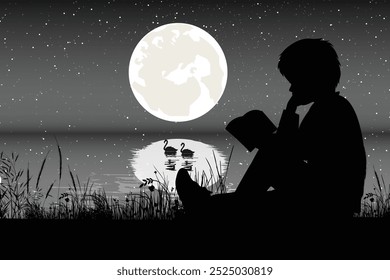Cute Child and Moon Silhouette