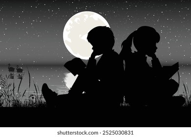 Cute Child and Moon Silhouette