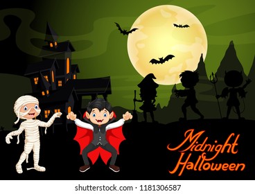 
Cute child in a mummy and vampire costume. Halloween night background with haunted house and full moon
