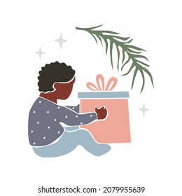 Cute child open gift box with pink ribbon bow, Christmas tree branch isolated on white background. Vector flat illustration.  Design for card, invitation, banner