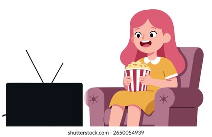 Criança bonita de pijama segurando um balde de pipoca e assistindo televisão, perfeito para temas de família, infância e entretenimento.