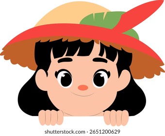 Cute Child Peeking Straw Hat Summer peeking, happy Waitangi Day Traditional Performer