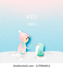 cute child with penguin in paper art style and winter background vector illustration