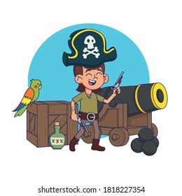 cute child in a pirate costume in a pirate environment. vector illustration.