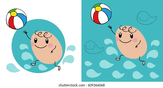 Cute child playing with inflatable ball on the beach, vector