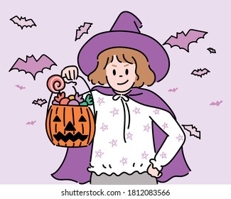 A cute child is playing trick or treat with a jack-o-lantern basket. hand drawn style vector design illustrations. 