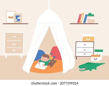 A cute child is playing while drawing in tent in the room  flat design style vector illustration 