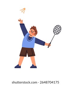 Uma criança bonita joga badminton fora. O garoto feliz joga no airro para acertá-lo com raquete. Garotinho está treinando, desfrutar de jogos esportivos no playground. Ilustração de vetor isolado plano em branco