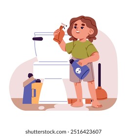 Cute child plays with bottles of household chemicals. Little girl holds detergents. Baby in hazard situation, accident risk. Kids danger. Flat isolated vector illustration on white background