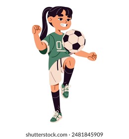 Cute child plays football, field team game. Happy kid hits ball with her knee, shows sports tricks. Little girl soccer player in uniform training. Flat isolated vector illustration on white background