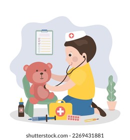 Cute child plays with plush toy. Little boy plays doctor and patient with  teddy bear. Preschooler uses children toy medical accessories and treat sick toy. Imagination, fun game, childhood. vector